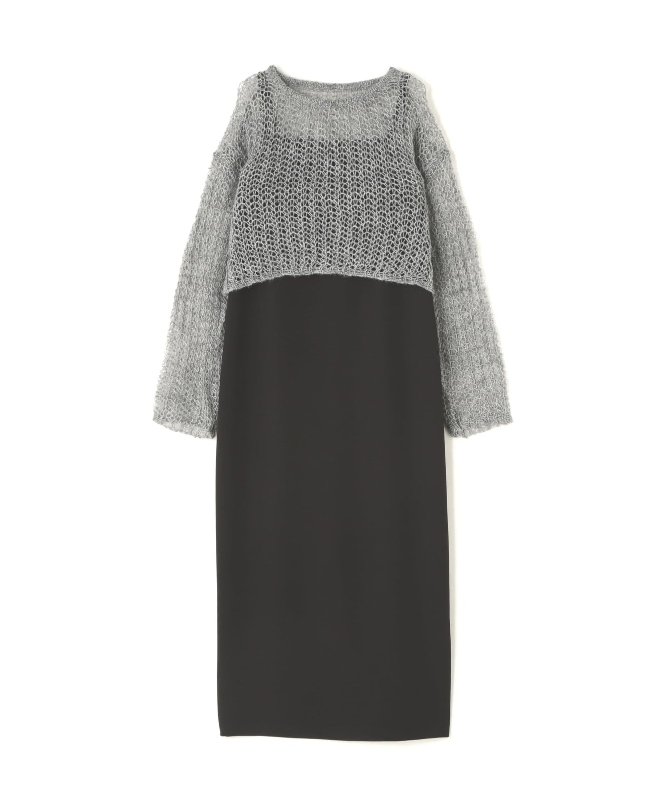 ナチュラルビューティーベーシック カジュアルドレス 透かし編みニット&キャミワンピース レディース クロ×グレー
