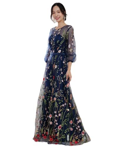 EightSTAR Dress パーティードレス ピアノ発表会 大人 ロング 二次会ドレス 花嫁 前撮り イブニングドレス 長袖 Aライン 花柄 刺繍 フォーマルドレス マキシ丈 S ネイビー