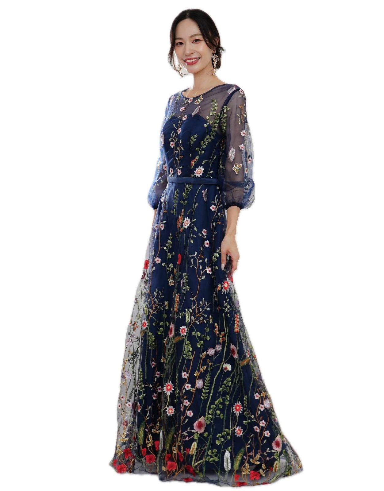 EightSTAR Dress パーティードレス ピアノ発表会 大人 ロング 二次会ドレス 花嫁 前撮り イブニングドレス 長袖 Aライン 花柄 刺繍 フォーマルドレス マキシ丈 S ネイビー