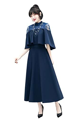 EightSTAR Dress 結婚式ドレス Aライン パーティードレス 二次会 お呼ばれ ロング ミモレ ハイネック レース ワンピース 大人 20代 30代 40代 体型カバー 袖あり JP アルファベット M ネイビー