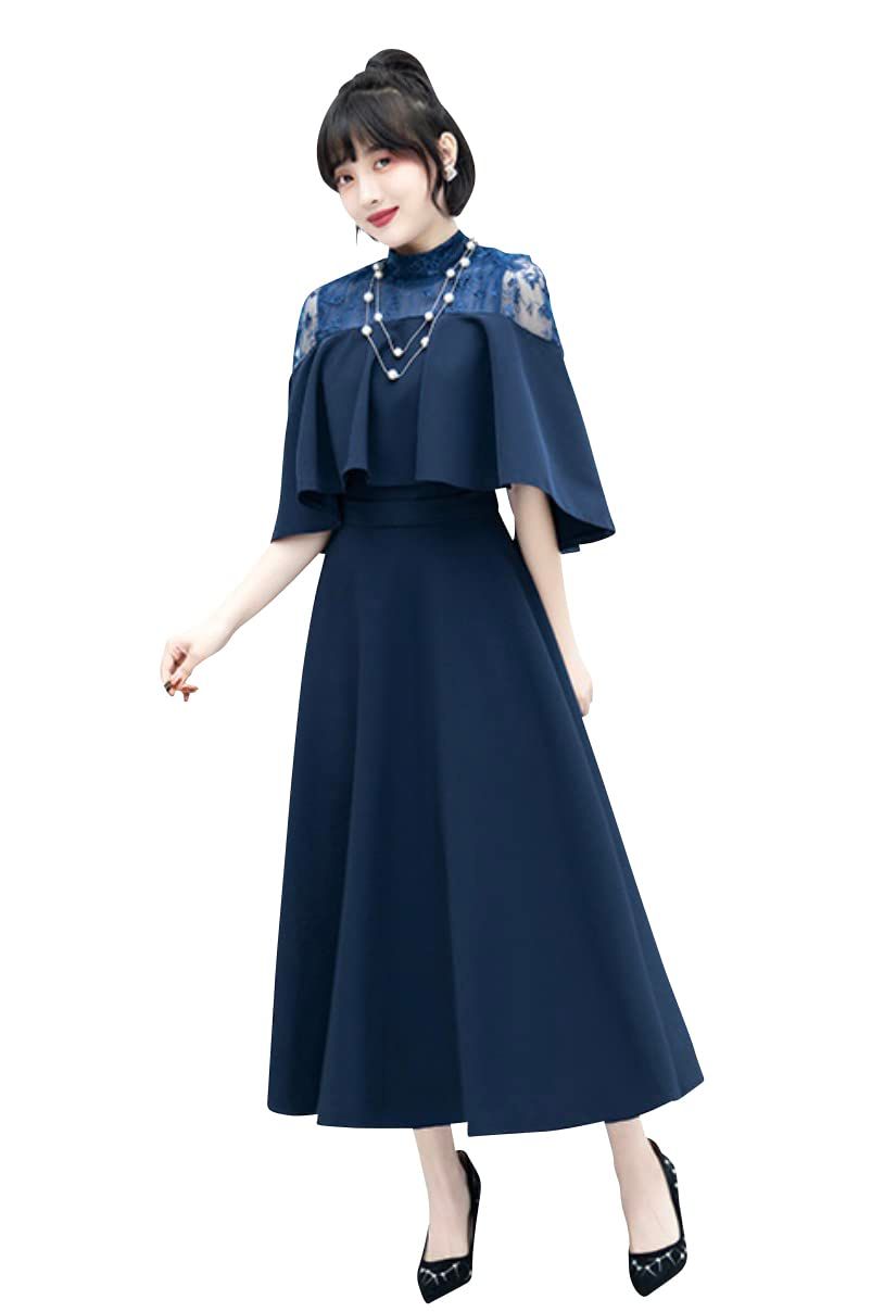 EightSTAR Dress 結婚式ドレス Aライン パーティードレス 二次会 お呼ばれ ロング ミモレ ハイネック レース ワンピース 大人 20代 30代 40代 体型カバー 袖あり JP アルファベット M ネイビー