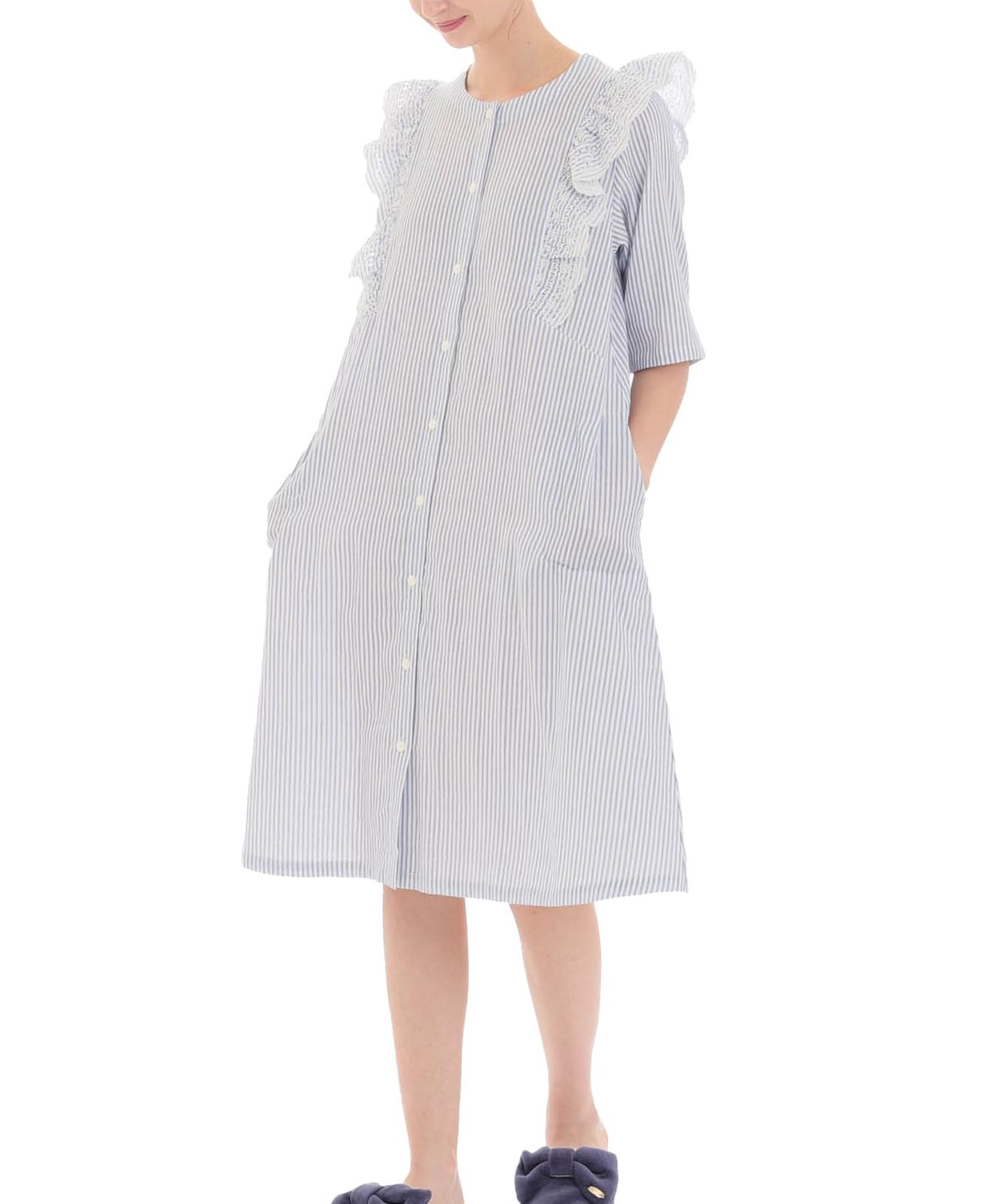 ナルエー ナイトシャツ 50 ダブルガーゼス レースワンピース レディース ネイビー FreeSize