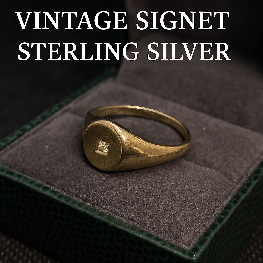 ヴィンテージ シグネットリング スターリングシルバー ゴールドメッキ 小粒石付 19.5号〜20号 2.6g ユニセックス