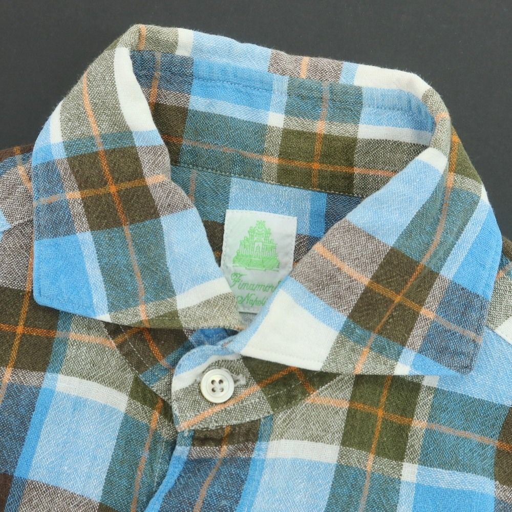 新品同様 フィナモレ イタリア製 チェック柄 コットン カッタウェイ シャツ 40 (L) 水色 【I53478】 Finamore 春夏 メンズ カジュアル Finamore フィナモレ イタリア製 チェック柄 コットンシャツ M