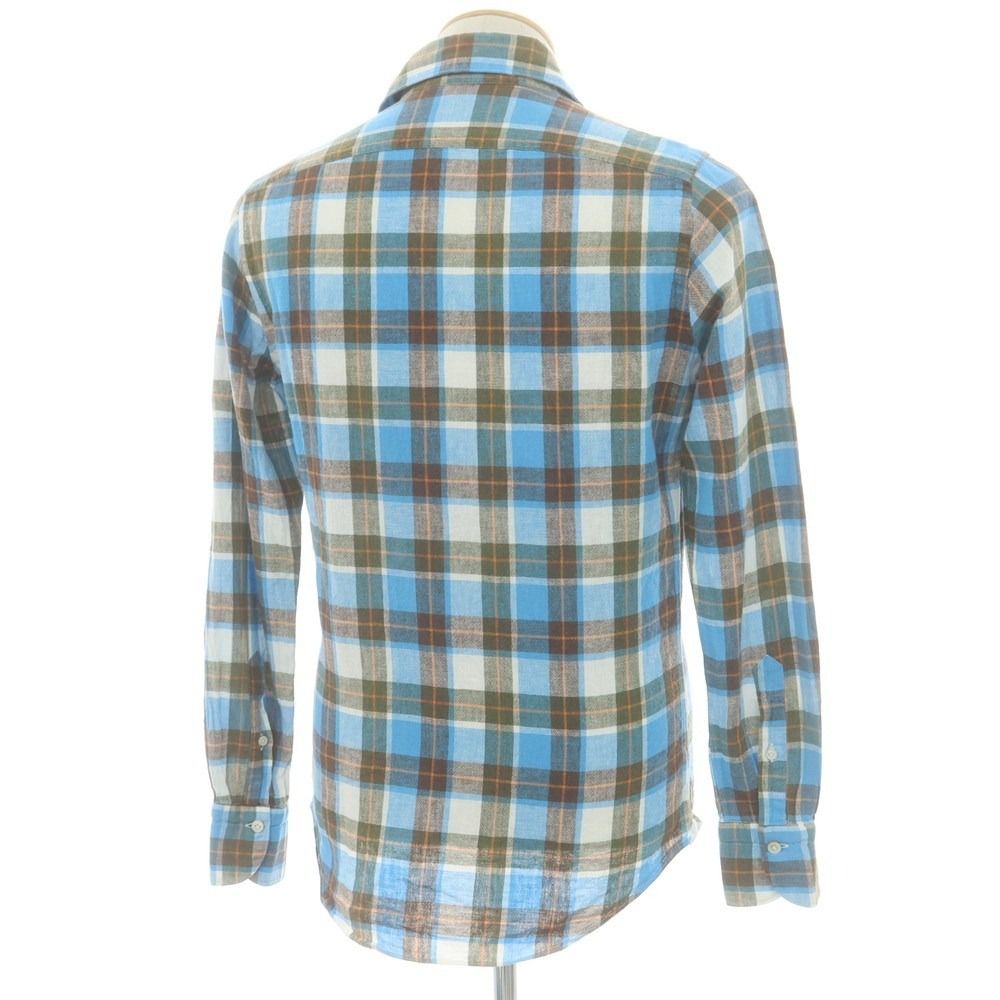 新品同様 フィナモレ イタリア製 チェック柄 コットン カッタウェイ シャツ 40 (L) 水色 【I53478】 Finamore 春夏 メンズ カジュアル Finamore フィナモレ イタリア製 チェック柄 コットンシャツ M