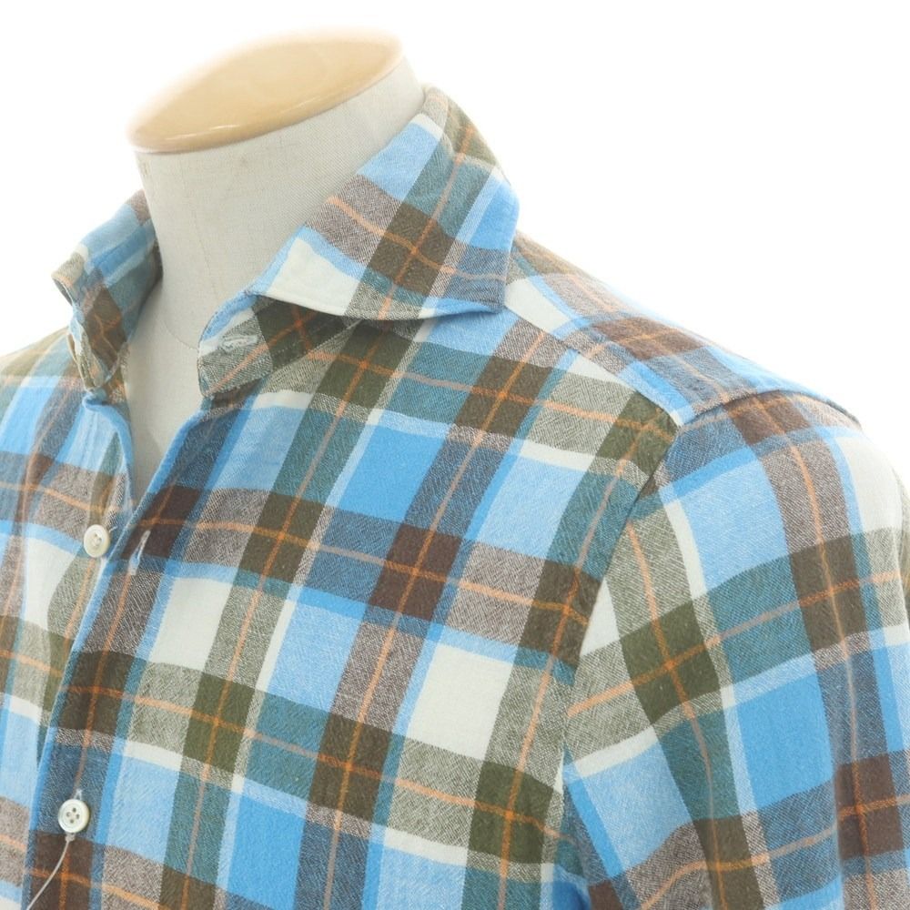 新品同様 フィナモレ イタリア製 チェック柄 コットン カッタウェイ シャツ 40 (L) 水色 【I53478】 Finamore 春夏 メンズ カジュアル Finamore フィナモレ イタリア製 チェック柄 コットンシャツ M