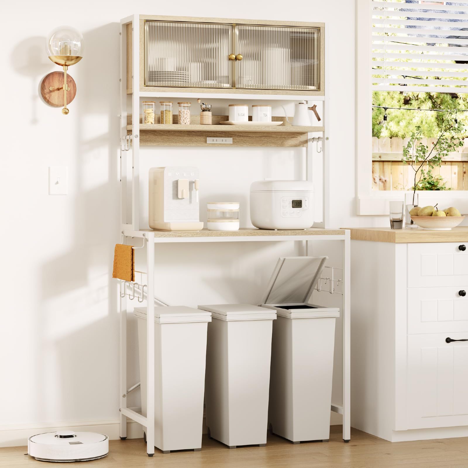 Bestier ゴミ箱上ラック 幅84×奥行40×高さ170cm 2口コンセント付きキッチンラック ゴミ箱上収納 レンジラック 扉収納付き 頑丈設計 全体耐荷重84kg 大型電子レンジ対応 レンジ台 炊飯器ラック S字フック10個付き おしゃれ 省スペー