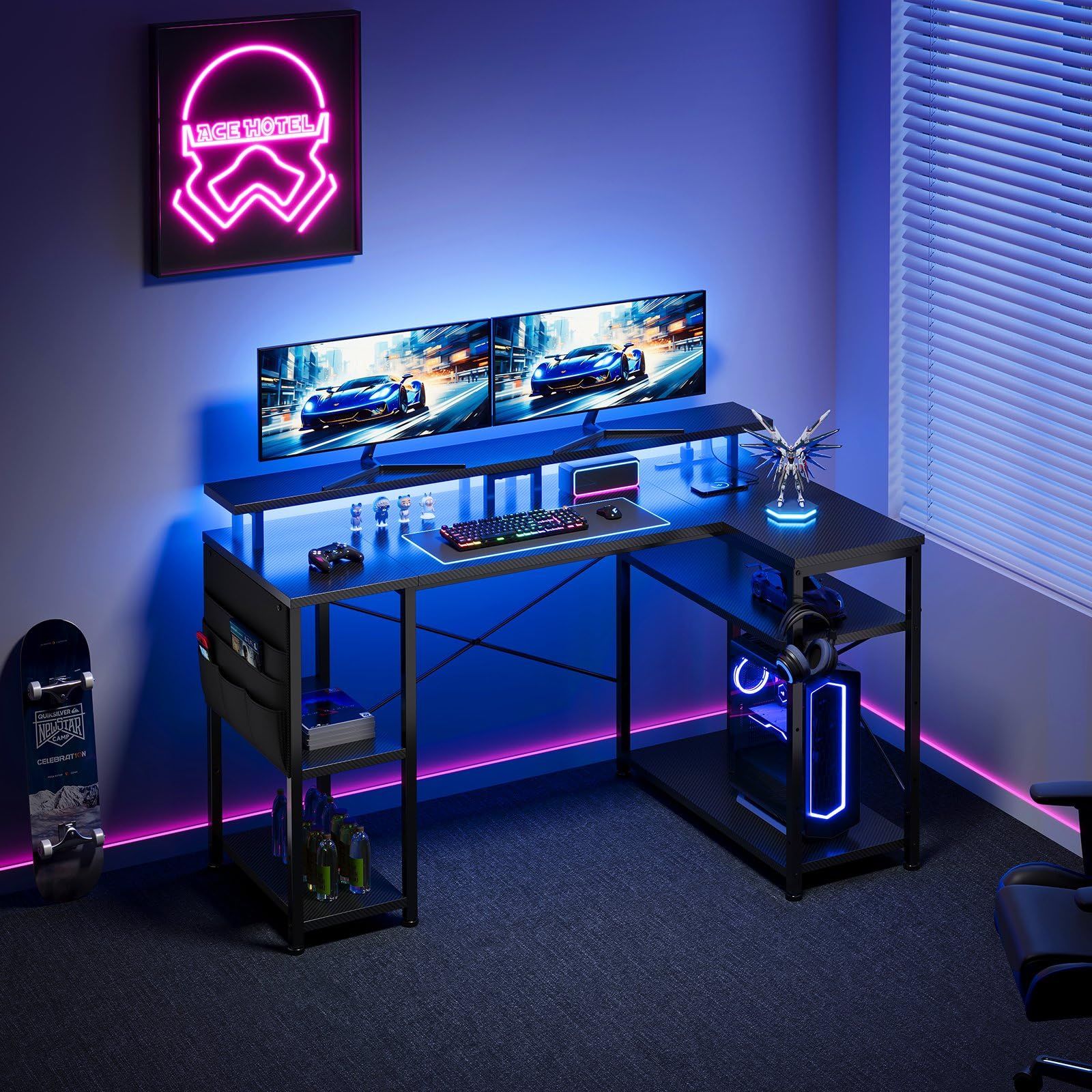 ゲーミングデスク幅130cm l字デスク LEDライト付き pcデスクコーナーデスク 棚板高さ調節 収納袋付き L字型 PC 勉強机 ゲーミングテーブル 左右入れ替え対応ゲーム 書斎黒い