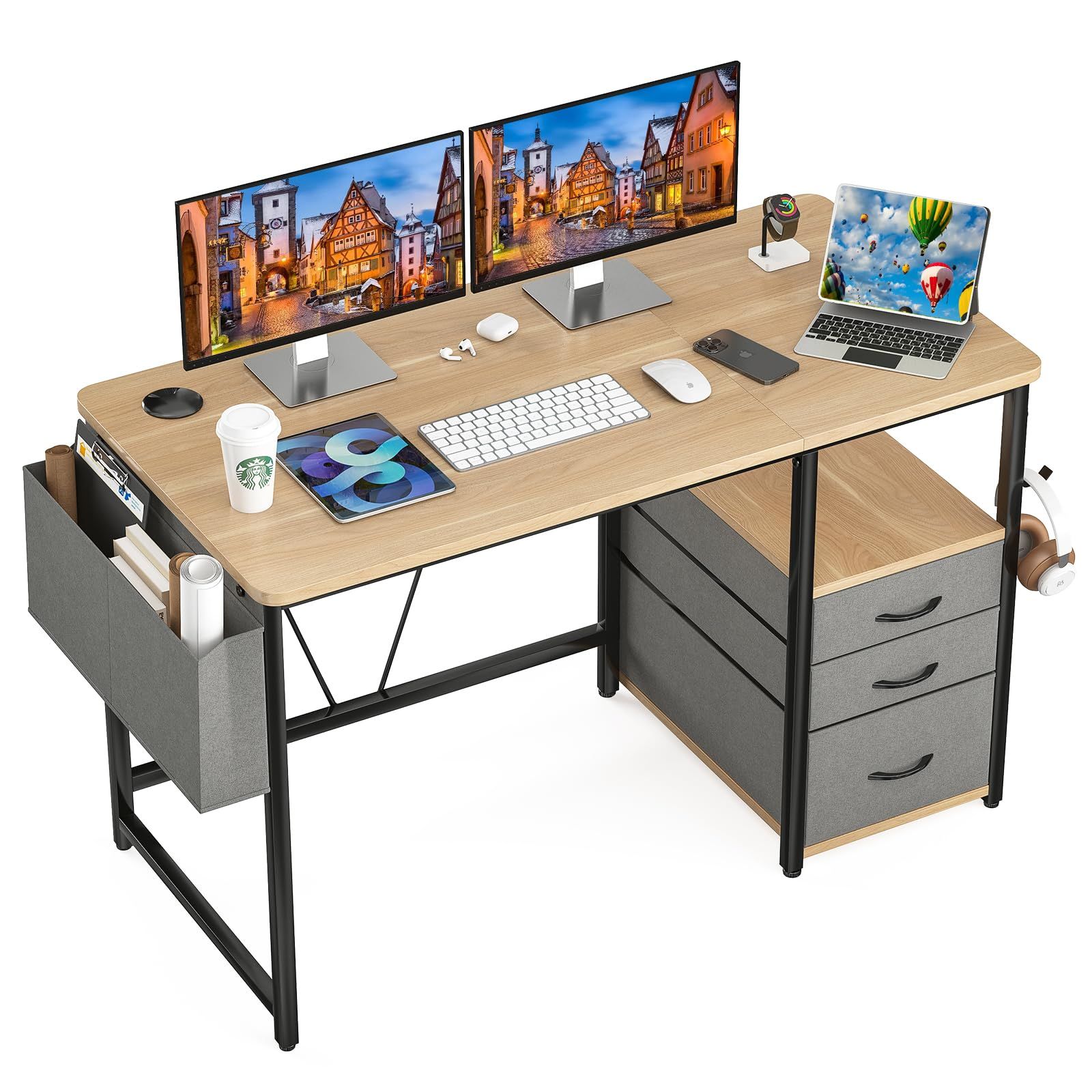 Sunon デスク パソコンデスク ラック付きpcデスク 幅120cm×奥行60cm 机 引き出し付き 勉強机 ドリンクホルダー デスク 在宅ワーク 作業机 テレワーク