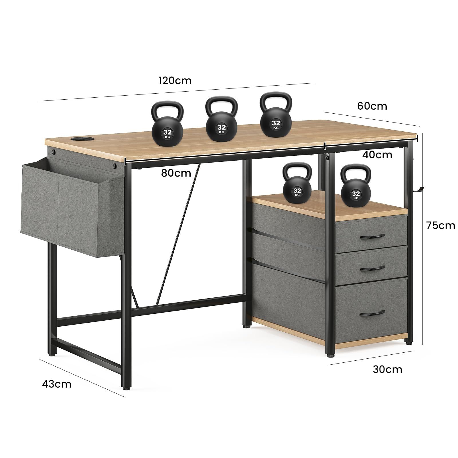 Sunon デスク パソコンデスク ラック付きpcデスク 幅120cm×奥行60cm 机 引き出し付き 勉強机 ドリンクホルダー デスク 在宅ワーク 作業机 テレワーク