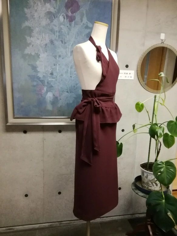 日本製】7L~10L 梨地ストレッチ ボルドー 茶道お稽古用エプロン