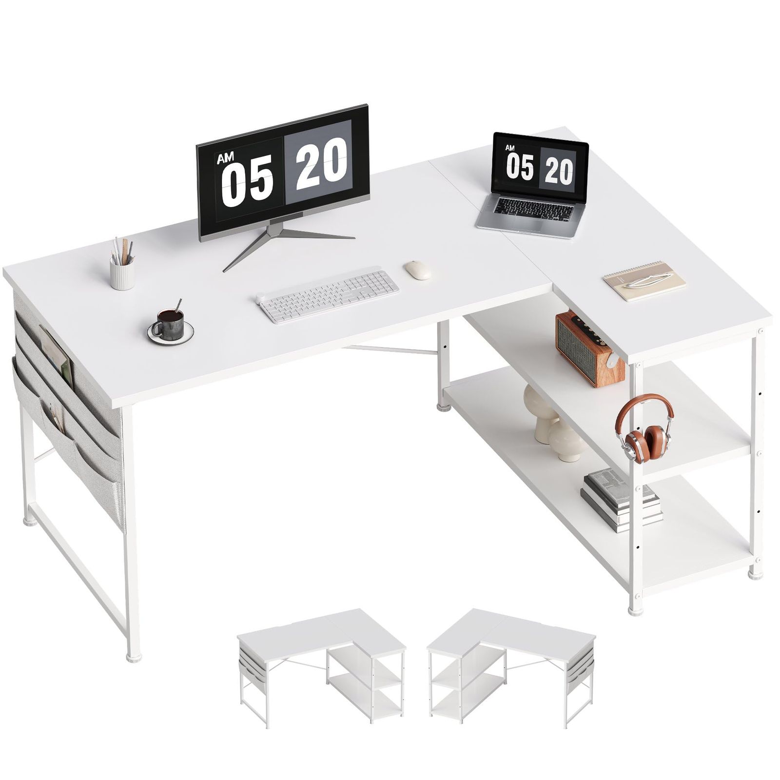 l字デスク 机 pcデスク ゲーミングデスク 右棚左棚 幅107cm 学習机 ゲーミングテーブル パソコンデスク 勉強机 収納袋付き作業机 白い