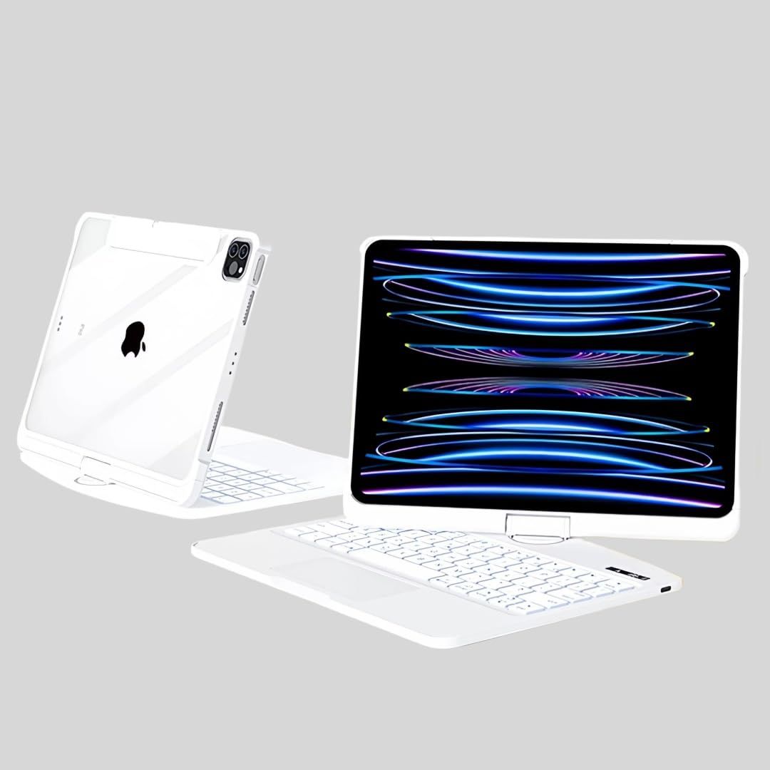 透明 クリア 7色バックライト付き キーボードケース タッチパッド付き 第9 8 7世代 折りたたみ 多角度対応 10.2インチ iPad 一体型 キーボード 360度回転 カバー白