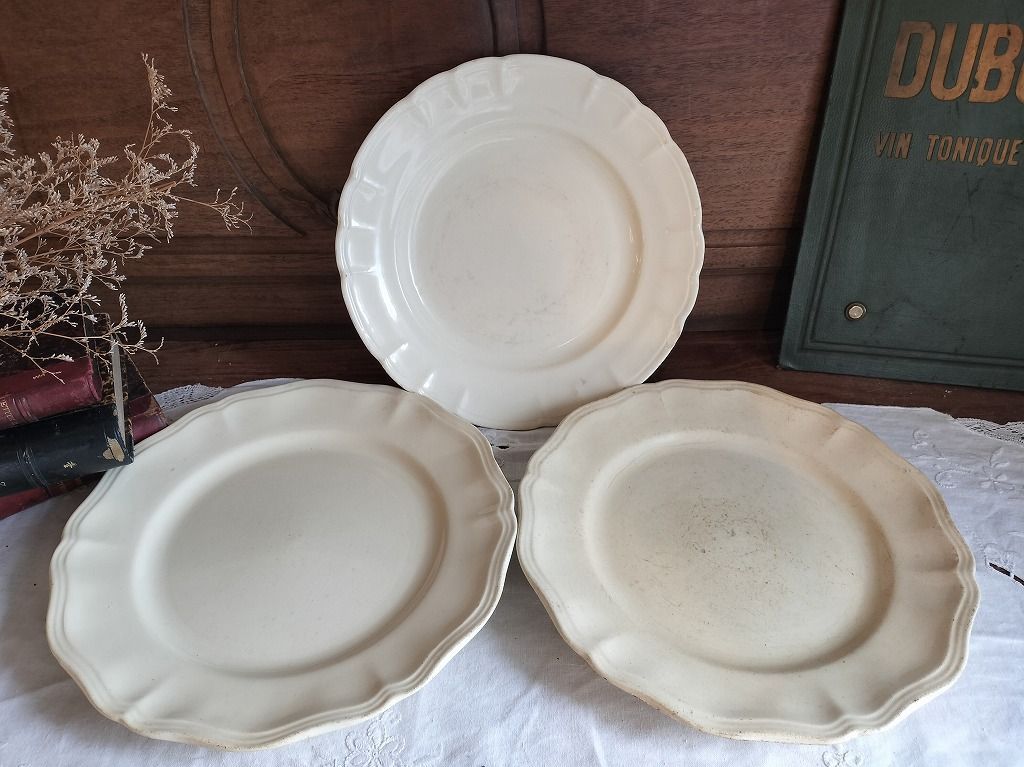 フランス アンティーク 花リム 陶器 皿 3枚セット 1920-1950年代