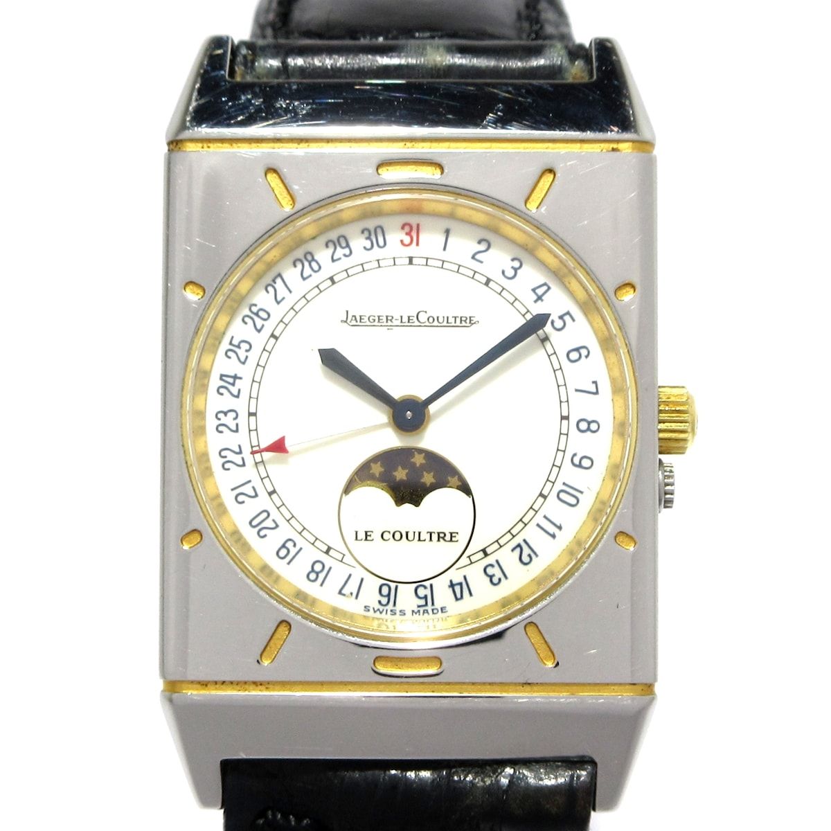 JAEGER-LECOULTRE ジャガールクルト 腕時計 ポインターデイト 400.6.2 メンズ SS×クロコダイルベルト ムーンフェイズ 白