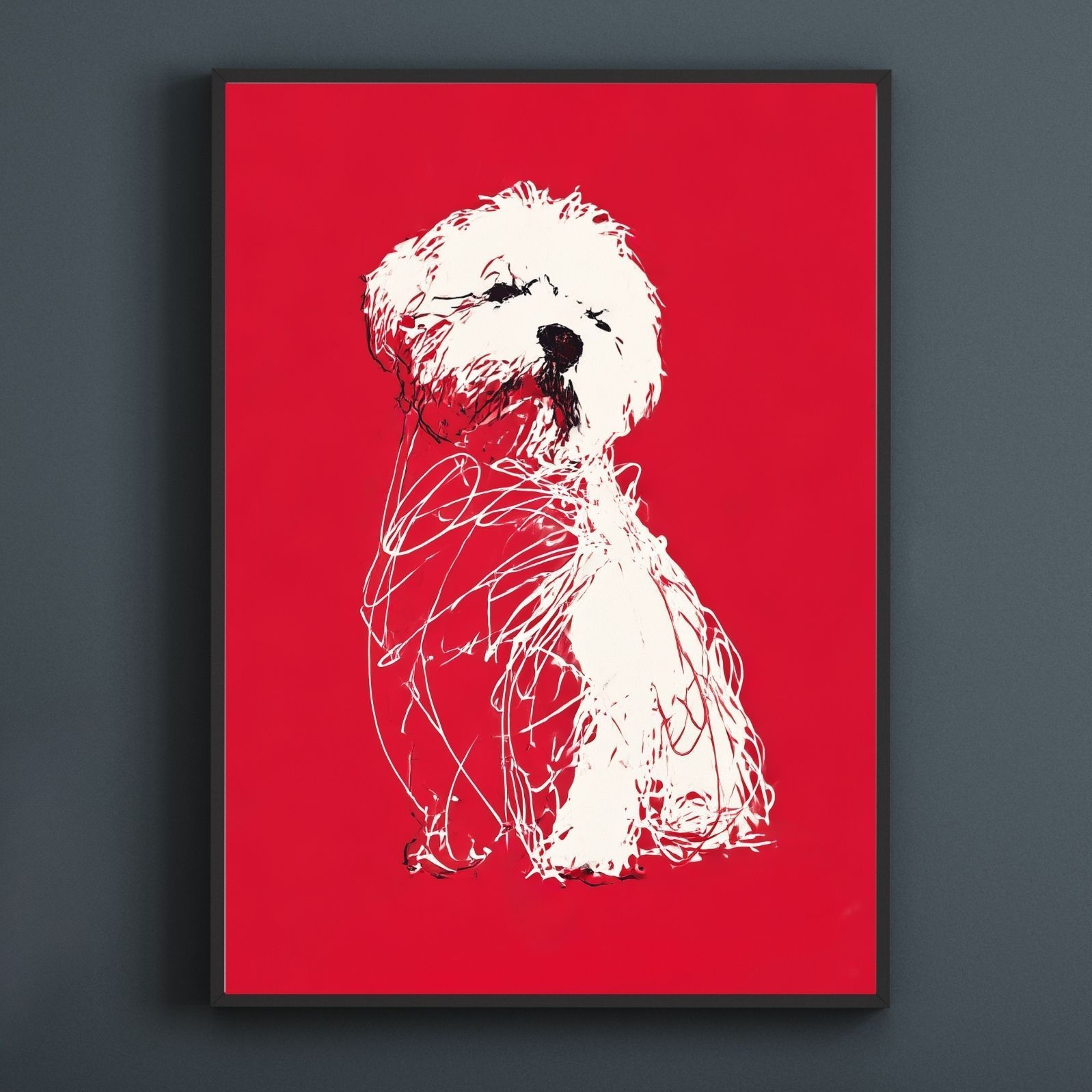 名入れOK Red Line - ビションフリーゼ犬 No.2 アートポスター ペットロス 北欧モダン ミニマルインテリア カフェスタイル