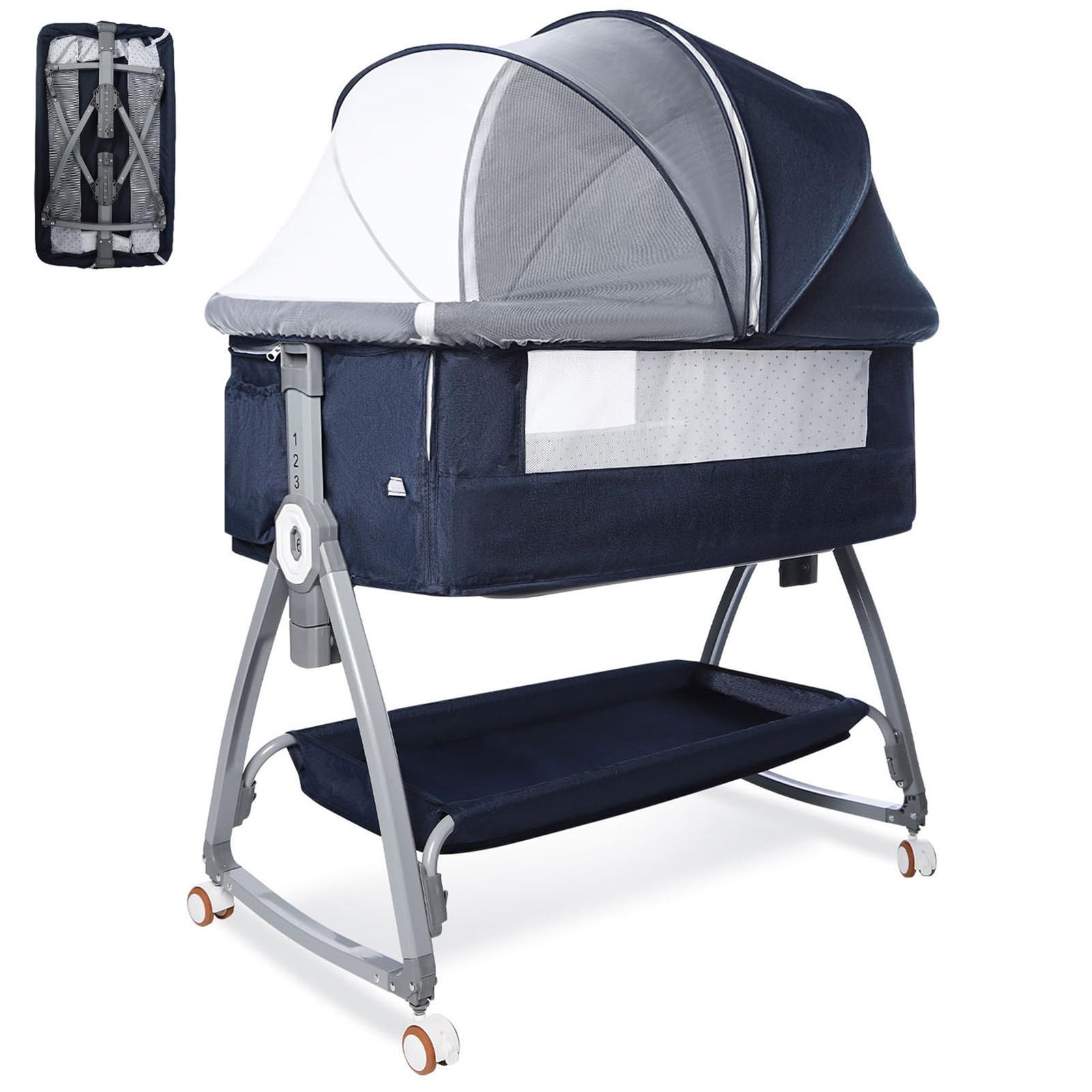 5IN1 ベビーベッド 折畳み 高さ6段調節 添い寝ベッド 組み立て簡単 ゆりかごに変身 おむつ替え スペース 収納バスケット-マット-蚊帳-固定ベルト-キャスタ付き コンパクト移動簡単 通気性 洗濯 吐き戻し予防 出産祝い プレゼ