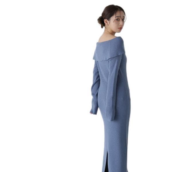 ナチュラルビューティーベーシック カジュアルドレス ワイドショルダーIラインニットワンピース レディース ブルー