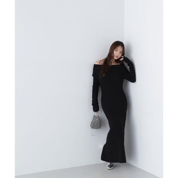 ナチュラルビューティーベーシック カジュアルドレス ワイドショルダーIラインニットワンピース レディース ブルー