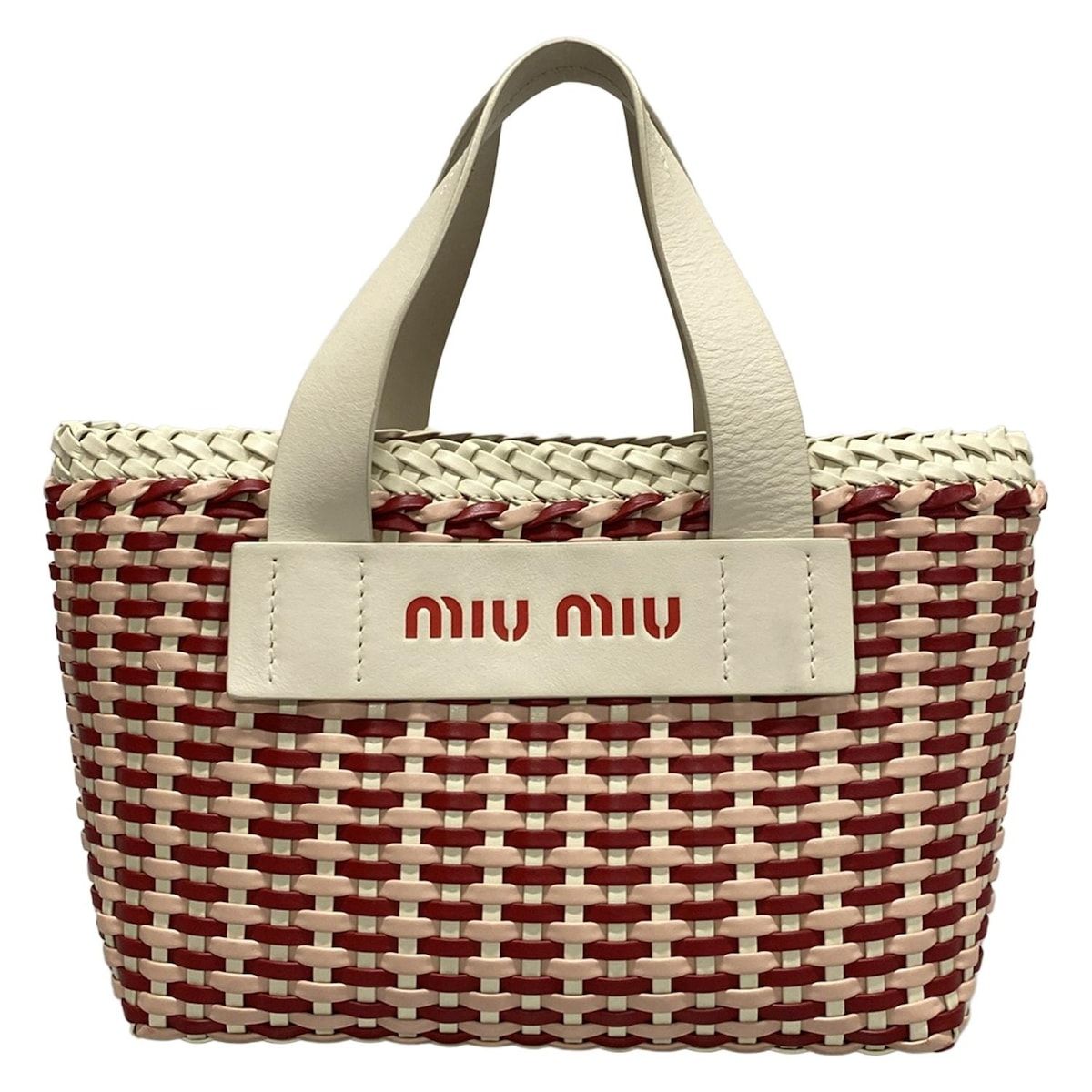 miumiu ミュウミュウ トートバッグ - 5BA077 白×ピンク×レッド 編み込み かごバッグ レザー