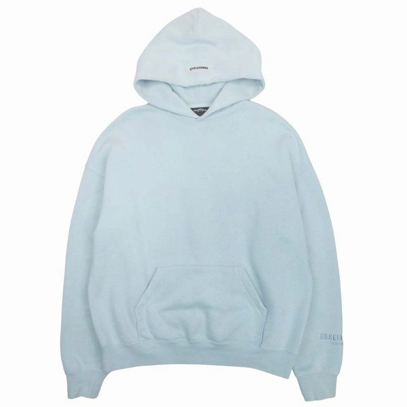 エフオージー エッセンシャルズ FOG ESSENTIALS バックロゴプリント パーカー フーディー プルオーバー スウェット コットン 裏起毛 サイズXS 青 サックス ブルー メンズ
