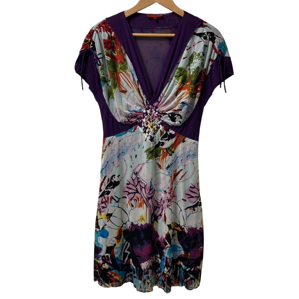 VIVIENNE TAM ヴィヴィアンタム ボタニカルプリント 深Vネック パワーネット ワンピース サイズM パープル レディース 古着