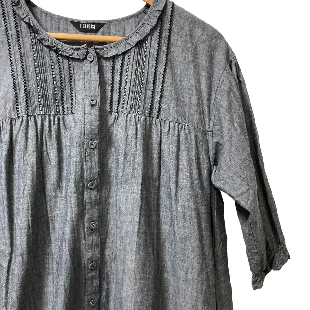 PINK HOUSE ピンクハウス ピコレース ドッキングシャツロングワンピース グレー レディース 古着