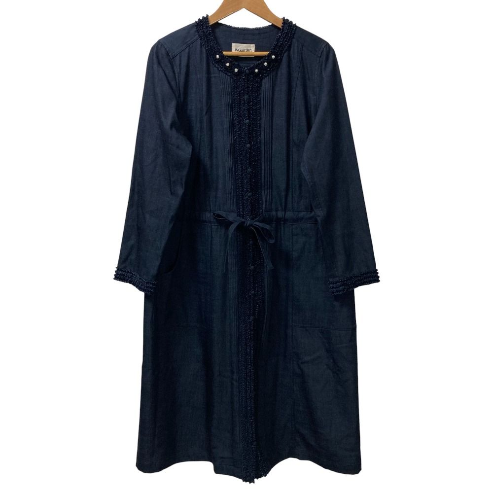 INGEBORG インゲボルグ フラワーモチーフ付フリル&タックデザインロングワンピース サイズ4 ネイビー レディース 古着