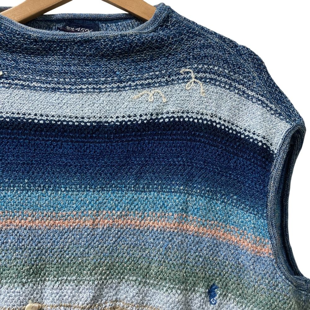 SDL 45 R フォーティーファイブアール 水平線ジャカードの908ショートベスト サイズ2 ブルー メンズ レディース 古着