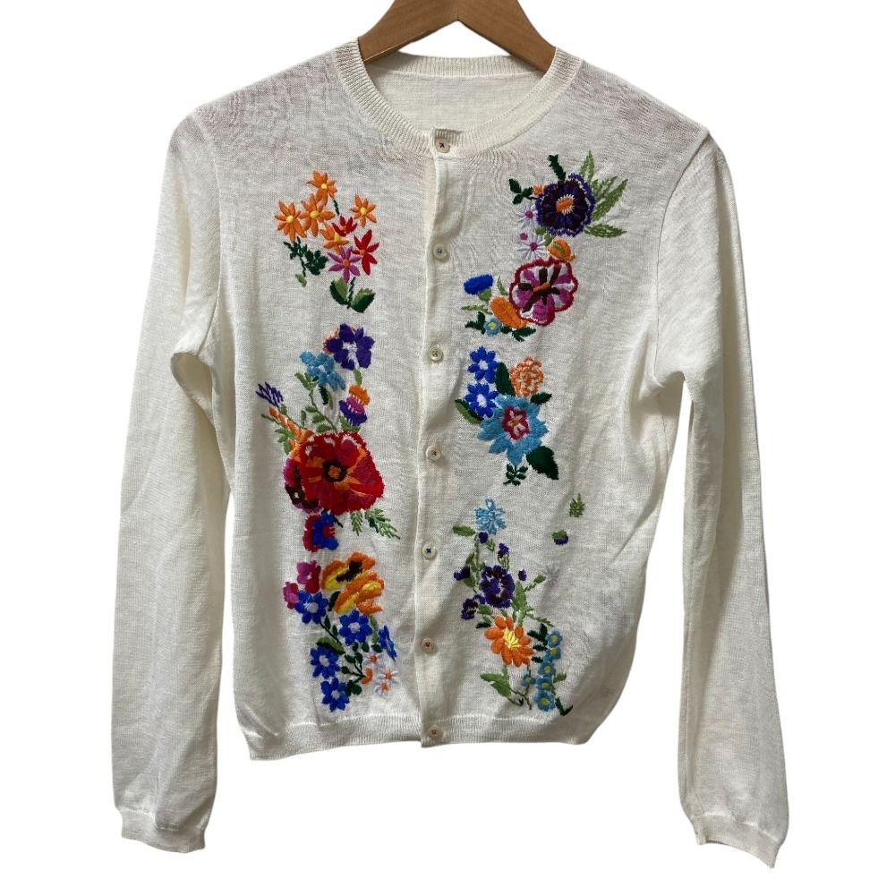 45R フォーティファイブアール 花刺繍 ギマニットカーディガン サイズ3 ホワイト レディース 古着