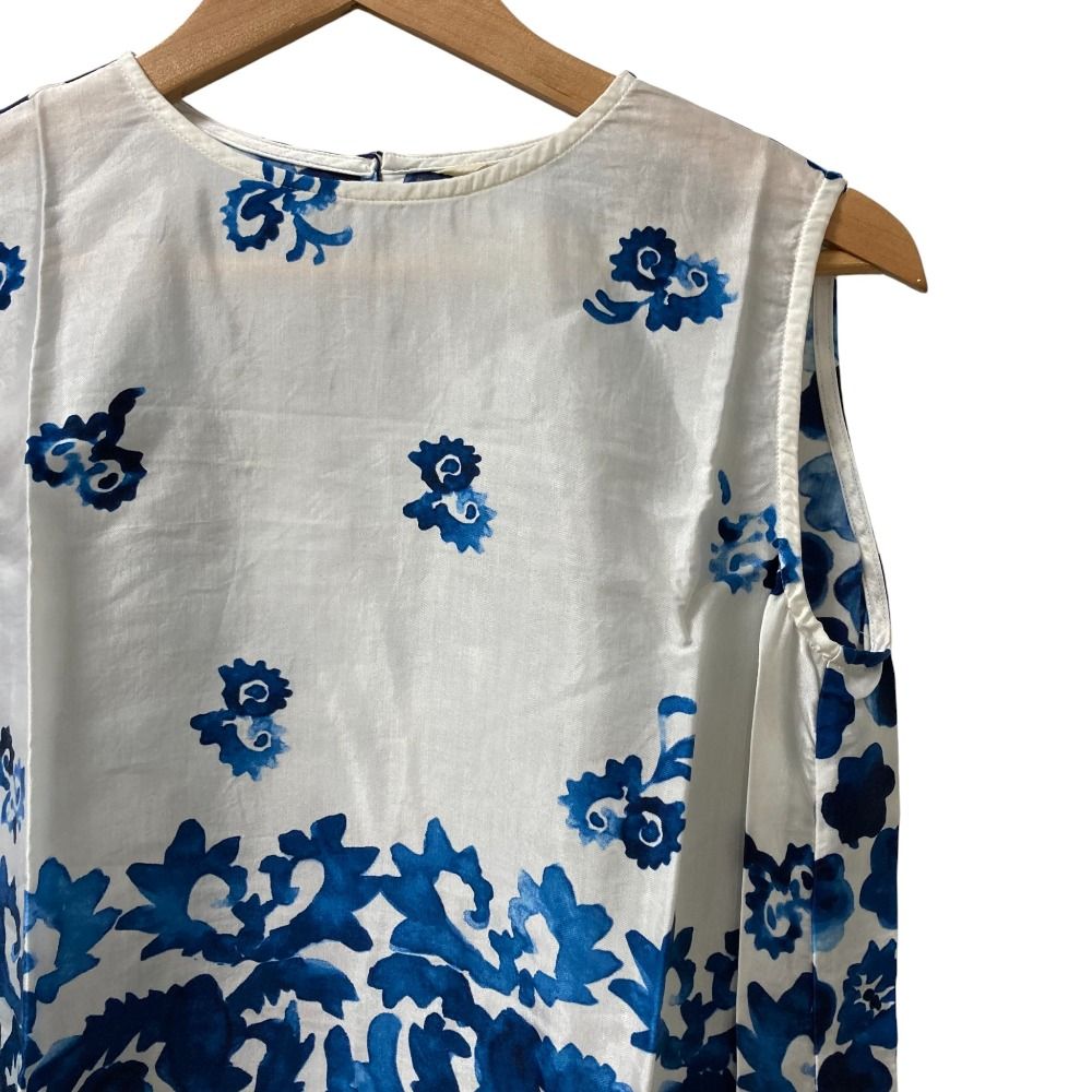 45 R フォーティファイブアール ツヤサテン染付プリントノースリーブ カットソー サイズ3 ホワイト インディゴ レディース 古着