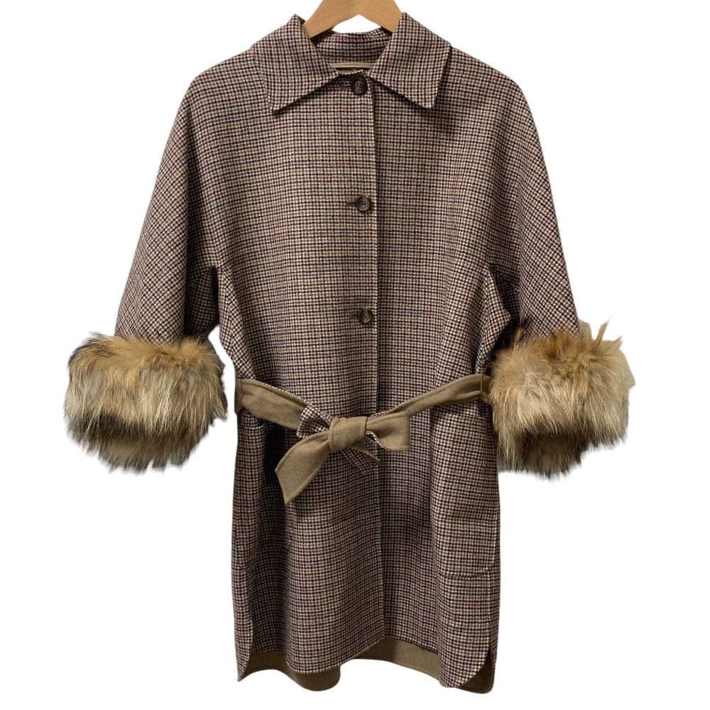 WEEKEND Max Mara ウィークエンドマックスマーラ 袖ファー ガンクラブチェック ベルテッドコート 508602896 サイズ38 ブラウン レディース 古着