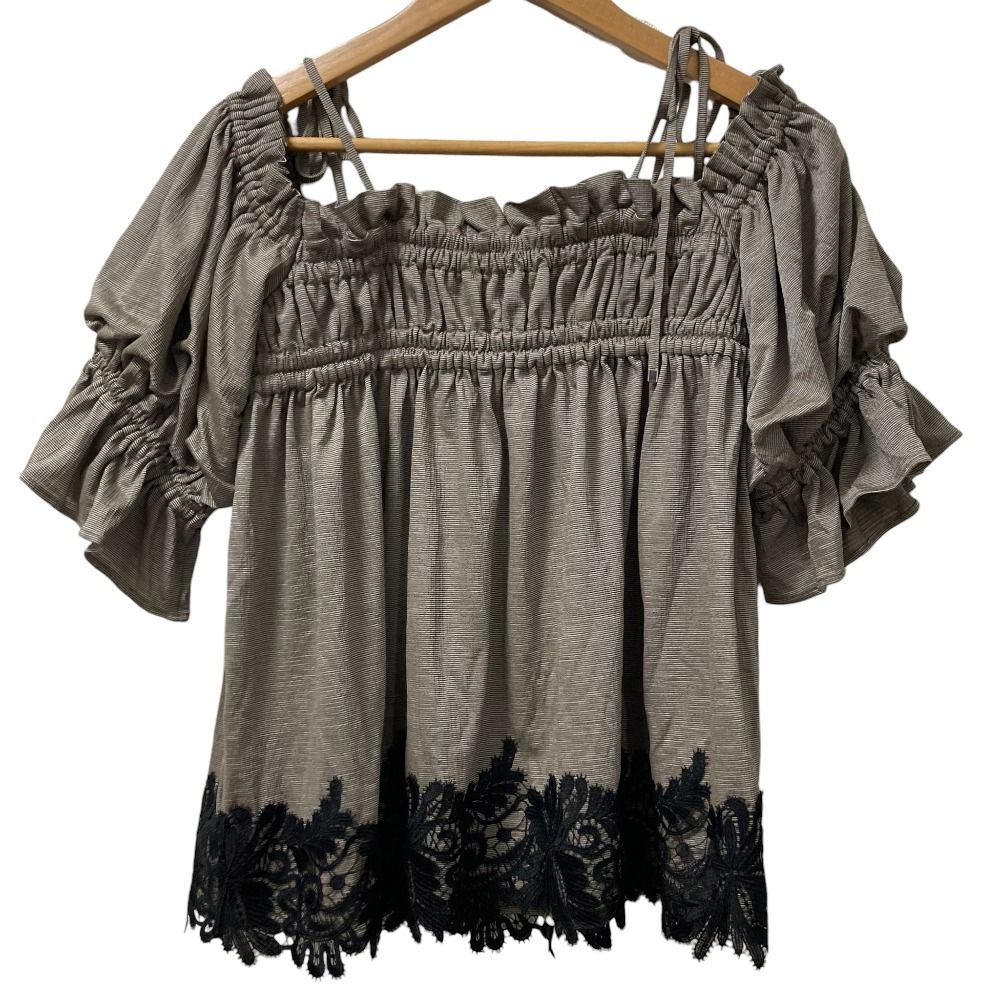  25 AW GRACE グレースコンチネンタル ギャザーフ トップ ブラウス サイズ36 カーキ レディース 古着 五分袖 七分袖 シャツ ブラウス