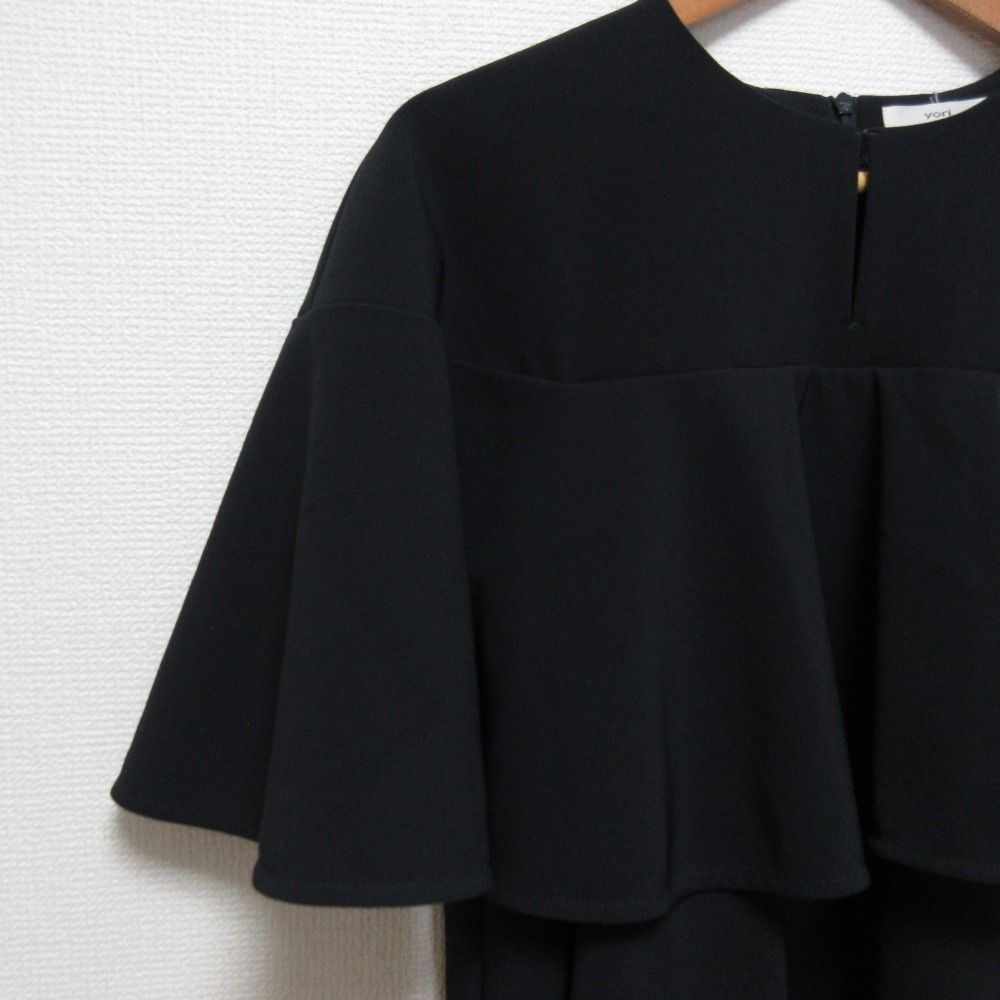  23 SS yori ヨリ キーネックフリルブラウス 半袖 プルオーバー YR 21-23067 SM サイズ36 ネイビー レディース 古着 五分袖 七分袖 シャツ ブラウス