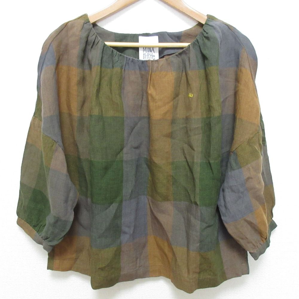 mina perhonen ミナペルホネン herb リネン チェックブラウス ra1645 サイズ36 ブラウン レディース 古着