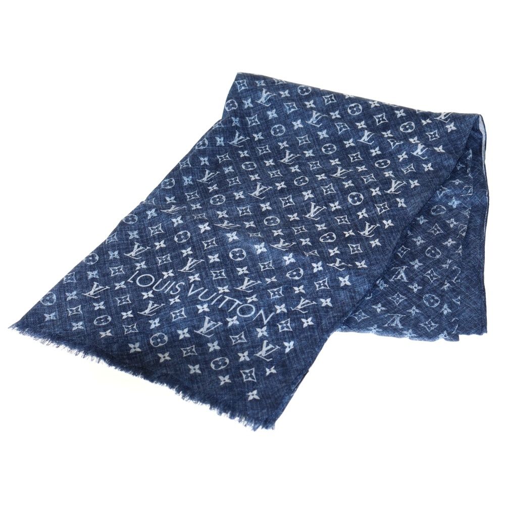 LOUIS VUITTON ルイヴィトン ストール エトール モノグラム デニム 総柄 コットン フリンジ スカーフ インディゴ ブルー FF0139