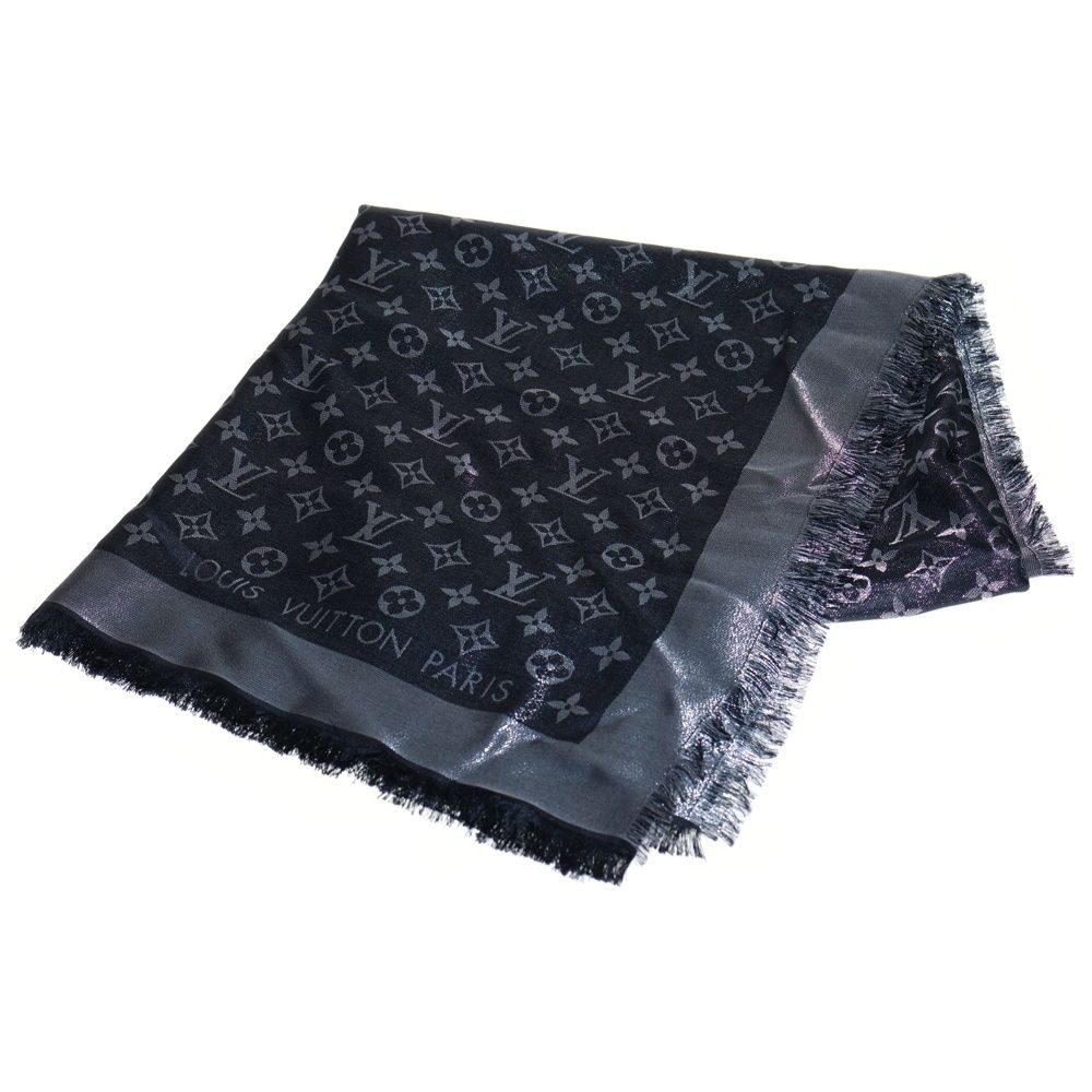 LOUIS VUITTON ルイヴィトン ショール モノグラム シャイン レーヨン ウール混 シルク ストール マフラー ブラック M75123