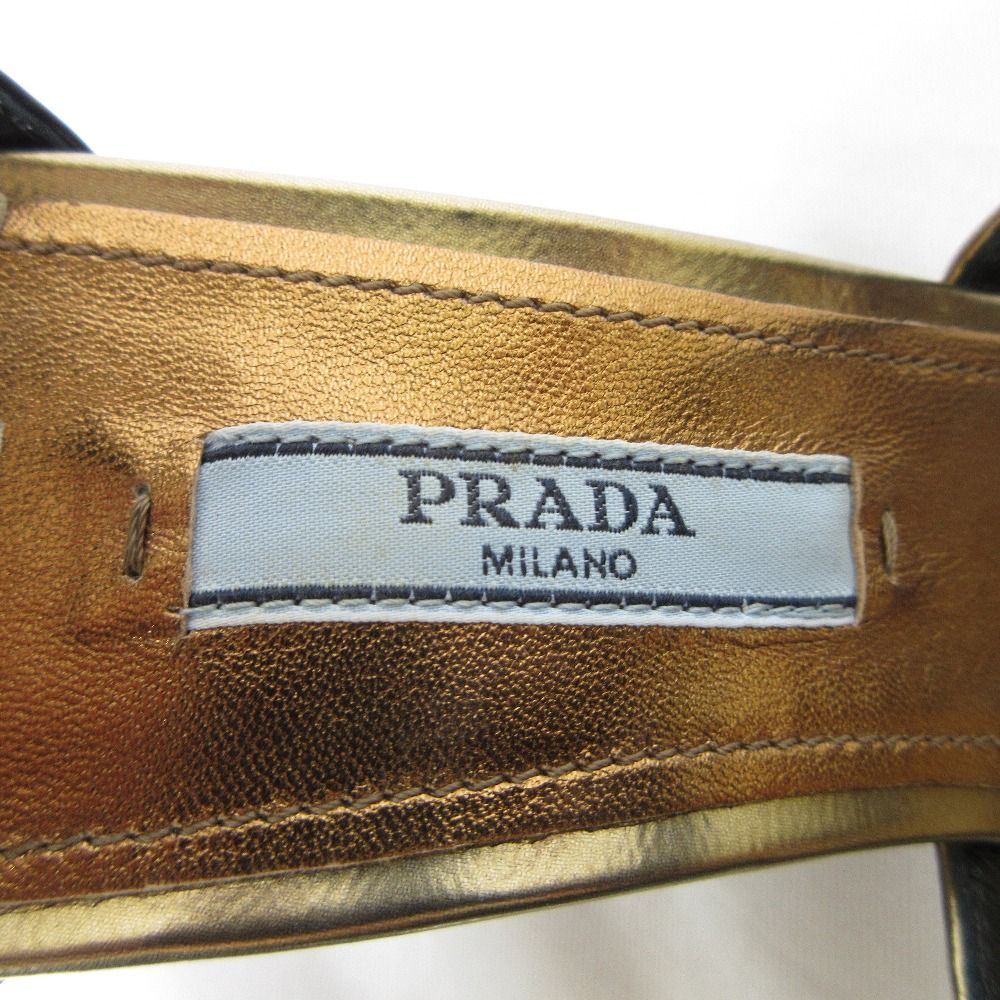  PRADA プラダ クロスストラップ レザーサンダル 36 23 cm ゴールド ブラック レディース 古着 サンダル サンダル ミュール