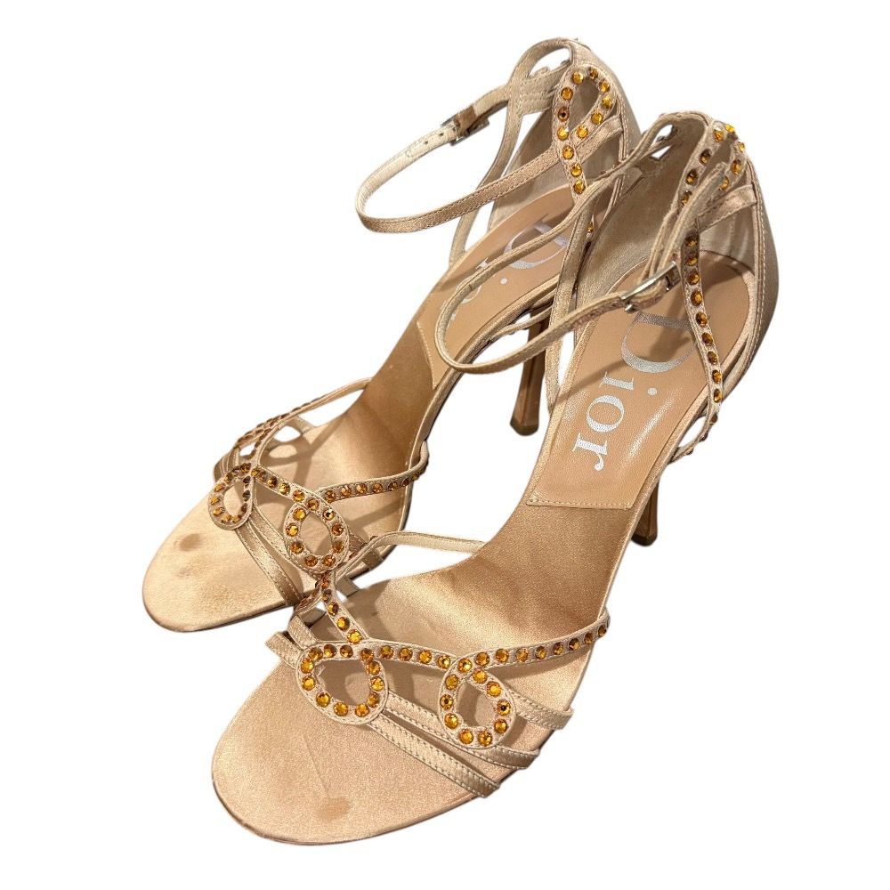 Christian Dior クリスチャンディオール ラインストーン サテン サンダル 36 1 2 23.5cm ベージュ レディース 古着