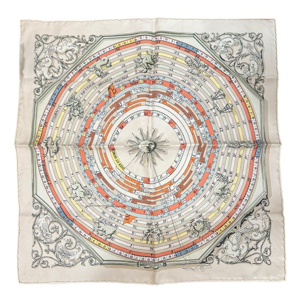 HERMES エルメス DIES ETHORE 占星術 シルク100% プチカレ スカーフ ベージュ レディース 古着