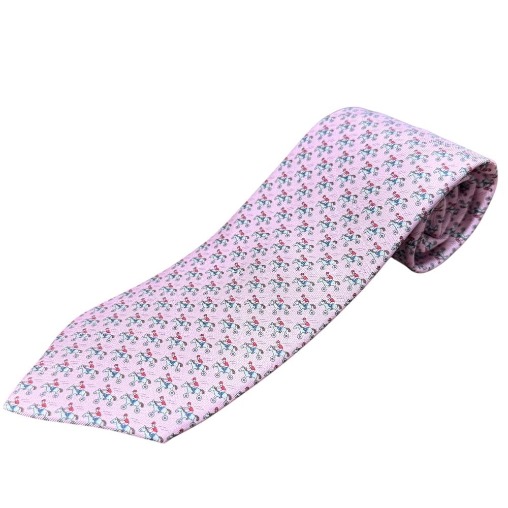 HERMES エルメス 乗馬柄 シルク100％ ネクタイ レギュラータイ ピンク メンズ 古着