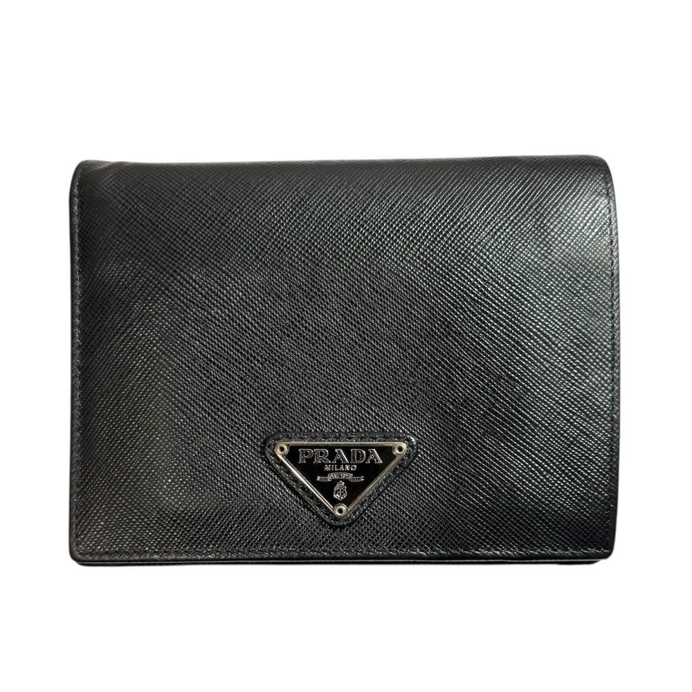 PRADA プラダ トライアングルロゴプレート サフィアーノレザー 二つ折り財布 ブラック メンズ 古着