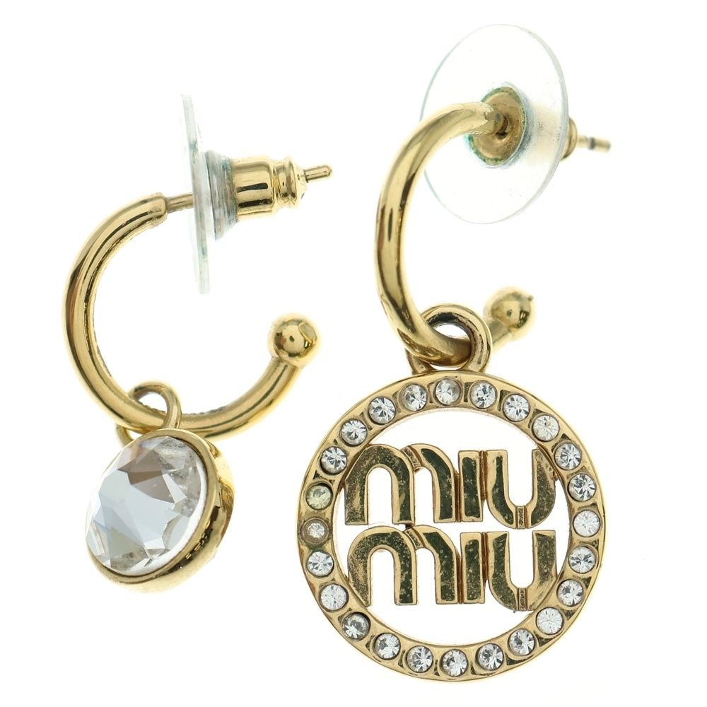 miumiu ミュウミュウ ロゴラインストーン ピアス フープ ゴールド メタル×クリスタル 5JO796