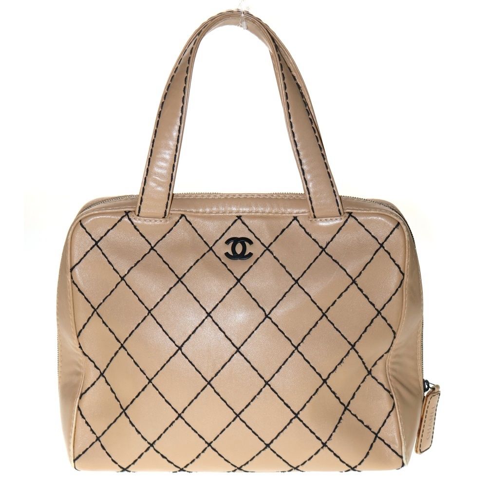 CHANEL シャネル マトラッセ ワイルドステッチ ボストンバッグ ハンドバッグ ベージュ ラムスキン ブラック金具