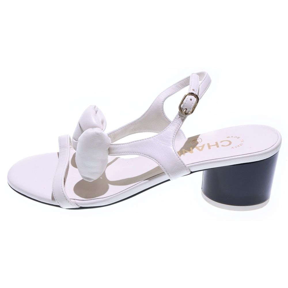 CHANEL シャネル ココマーク リボンデザイン ラムスキン レザー ストラップ ヒールサンダル シューズ ホワイト レディース G46192