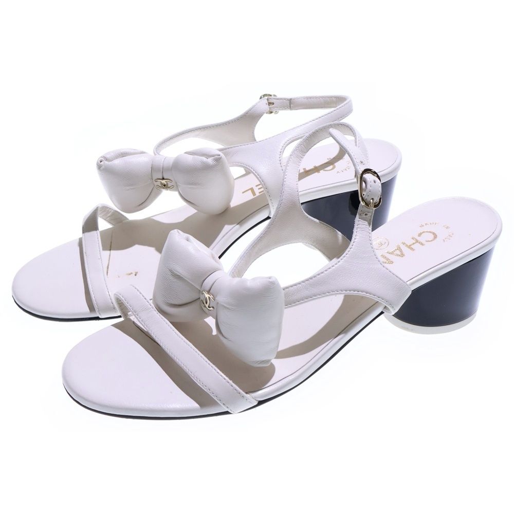 CHANEL シャネル ココマーク リボンデザイン ラムスキン レザー ストラップ ヒールサンダル シューズ ホワイト レディース G46192