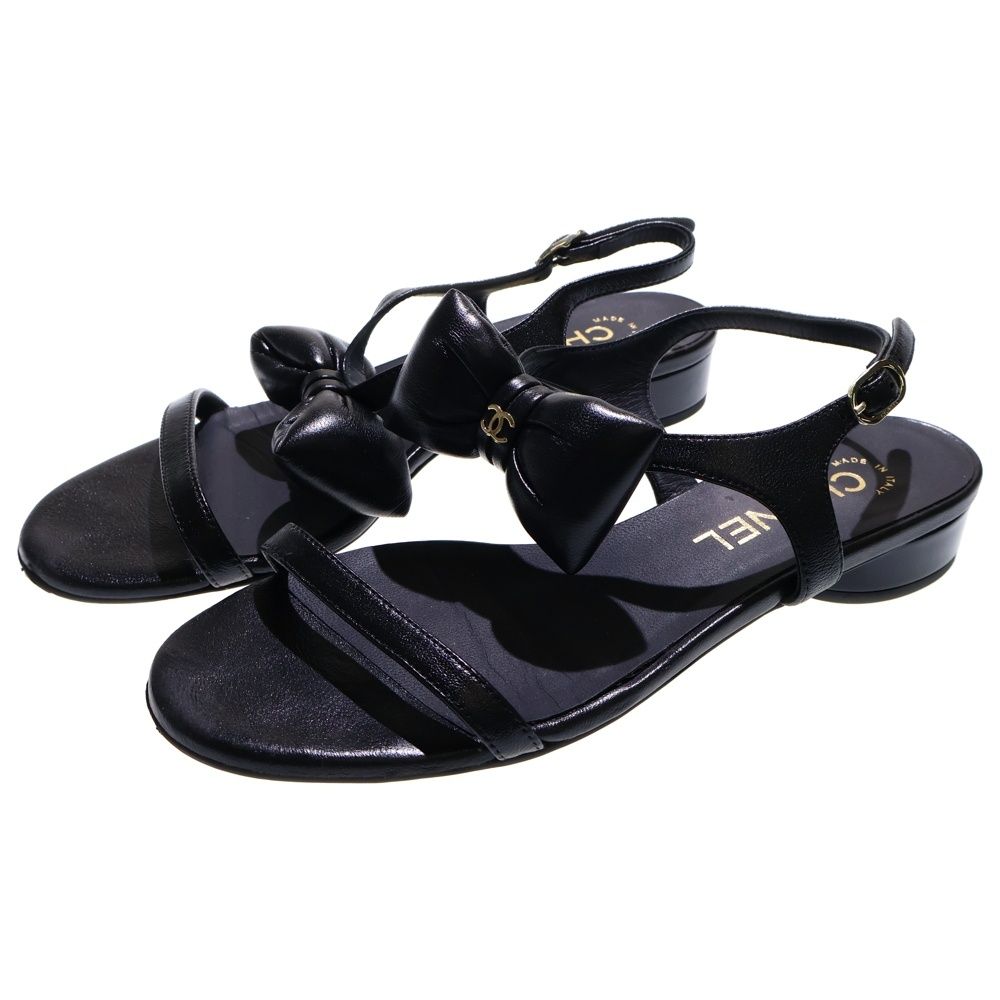 CHANEL シャネル ココマーク リボンデザイン ラムスキン レザー ストラップ フラットサンダル シューズ ブラック レディース G46192