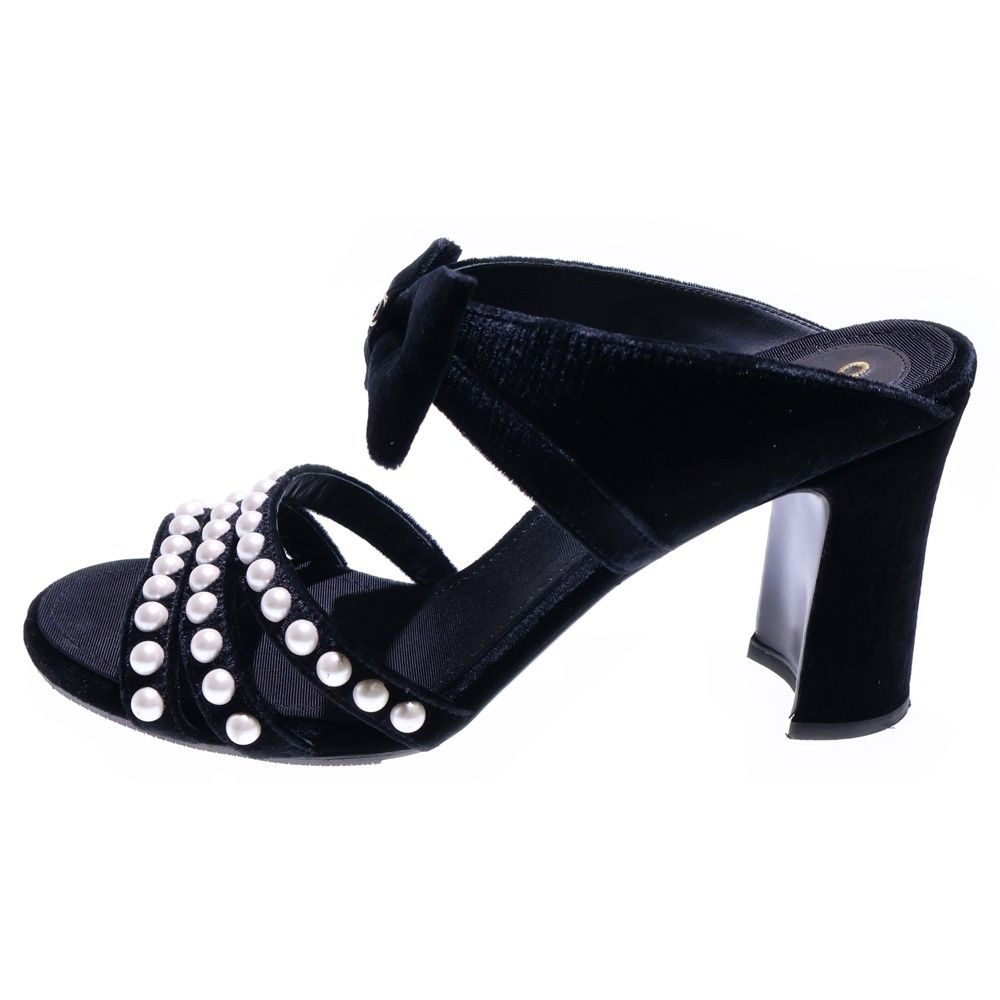 CHANEL シャネル ココマーク リボン パール ストラップ ヒール ベロア ベルベット サンダル シューズ ブラック レディース G34251