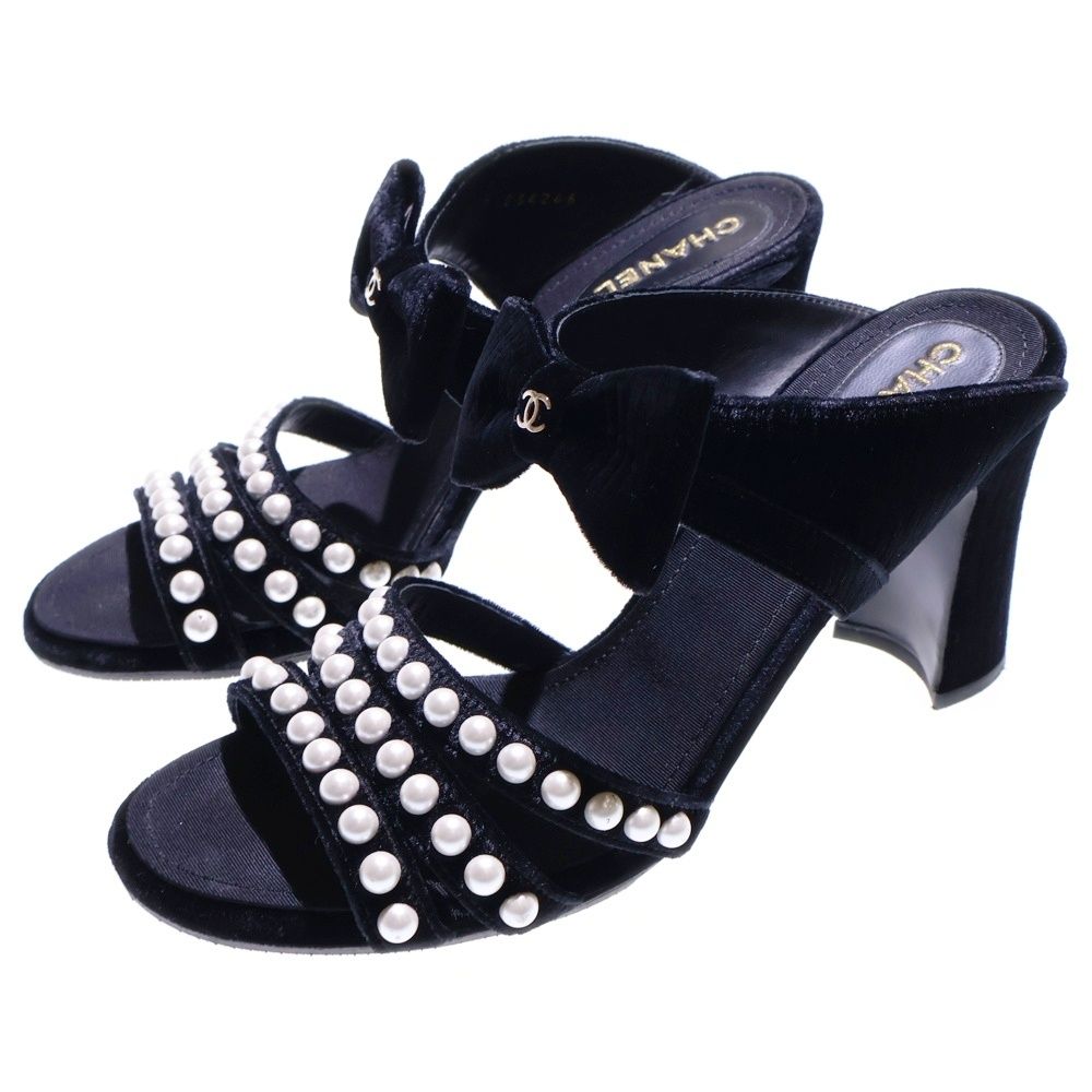 CHANEL シャネル ココマーク リボン パール ストラップ ヒール ベロア ベルベット サンダル シューズ ブラック レディース G 34251