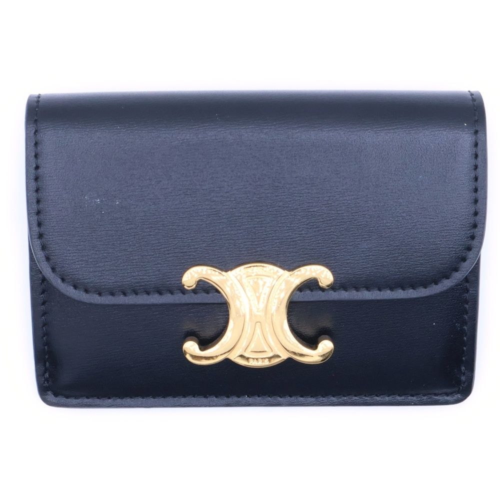 CELINE セリーヌ トリオンフ ロゴプレート レザー カードケース ゴールド金具 ブラック